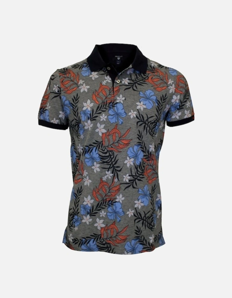 Multi Flower Print Pique Rugger Polo Shirt, Blue/Grey