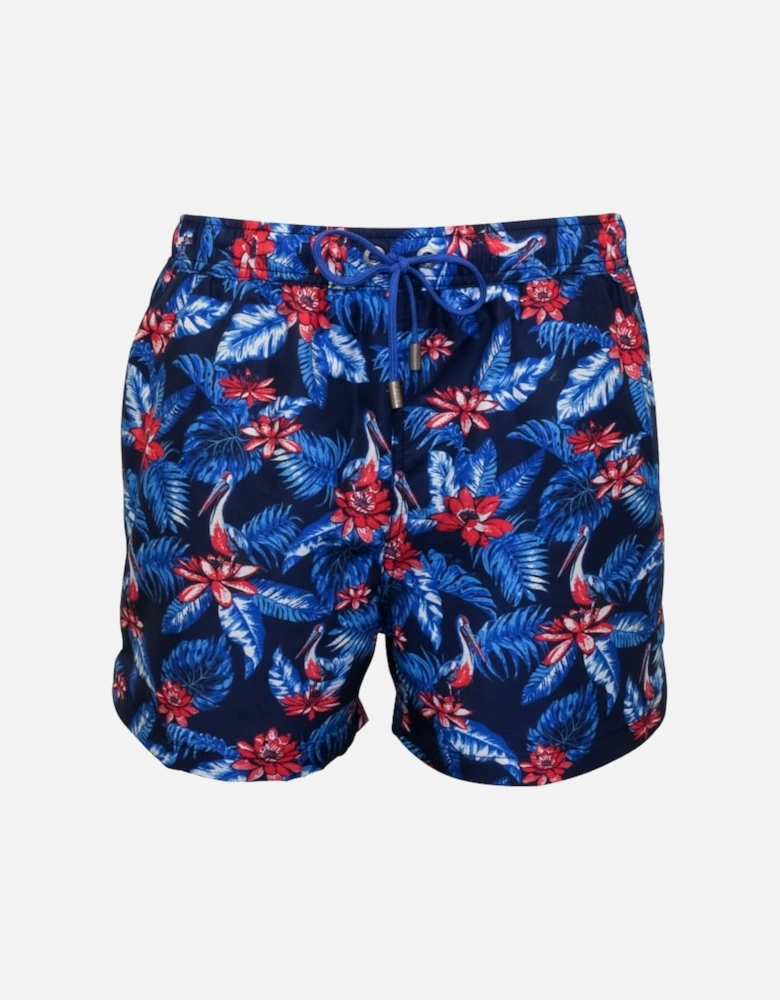 Vibrant Floral Swim Shorts, Navy with blue/red