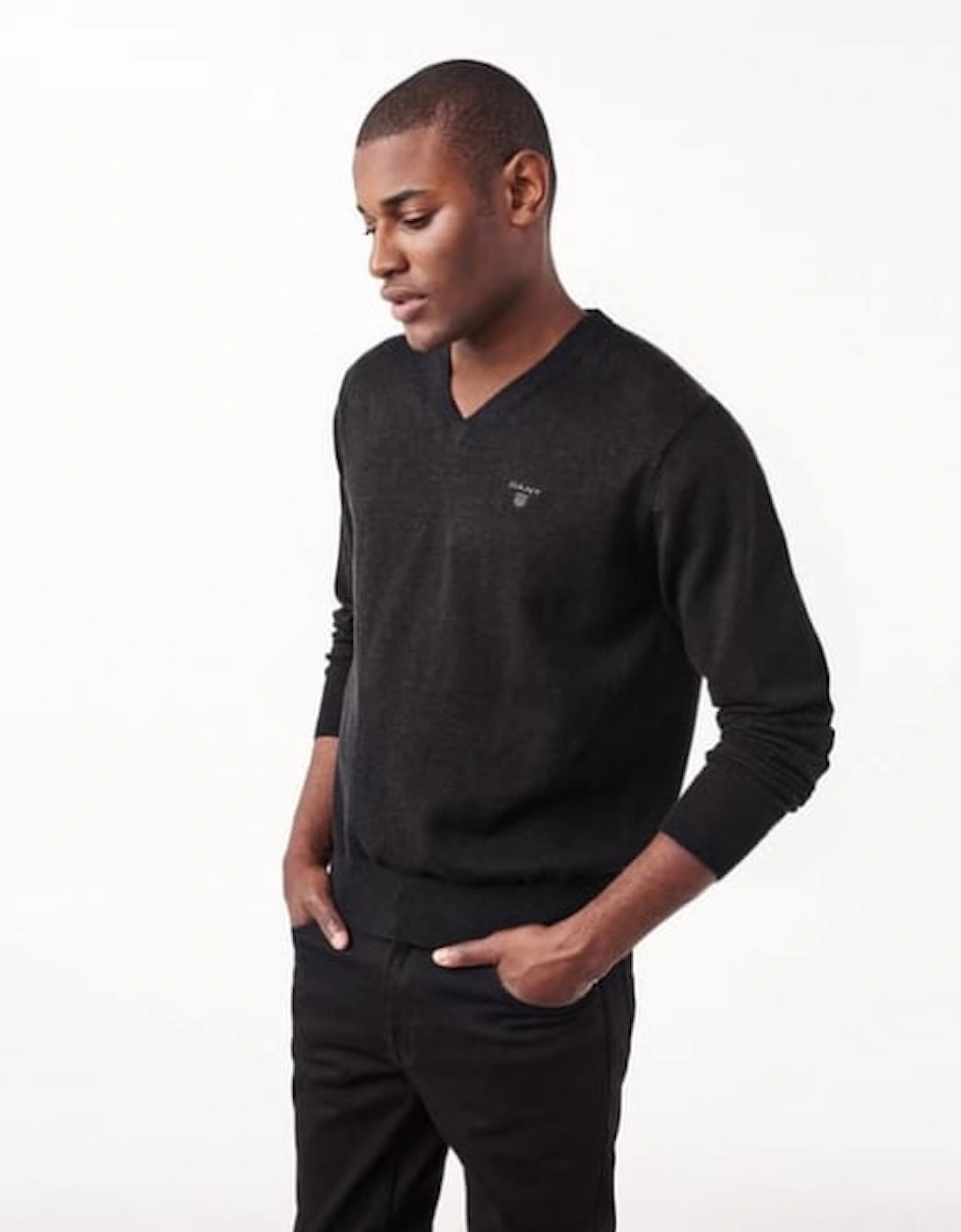 Lightweight Cotton V-Neck Sweater, Dark Charcoal Melange