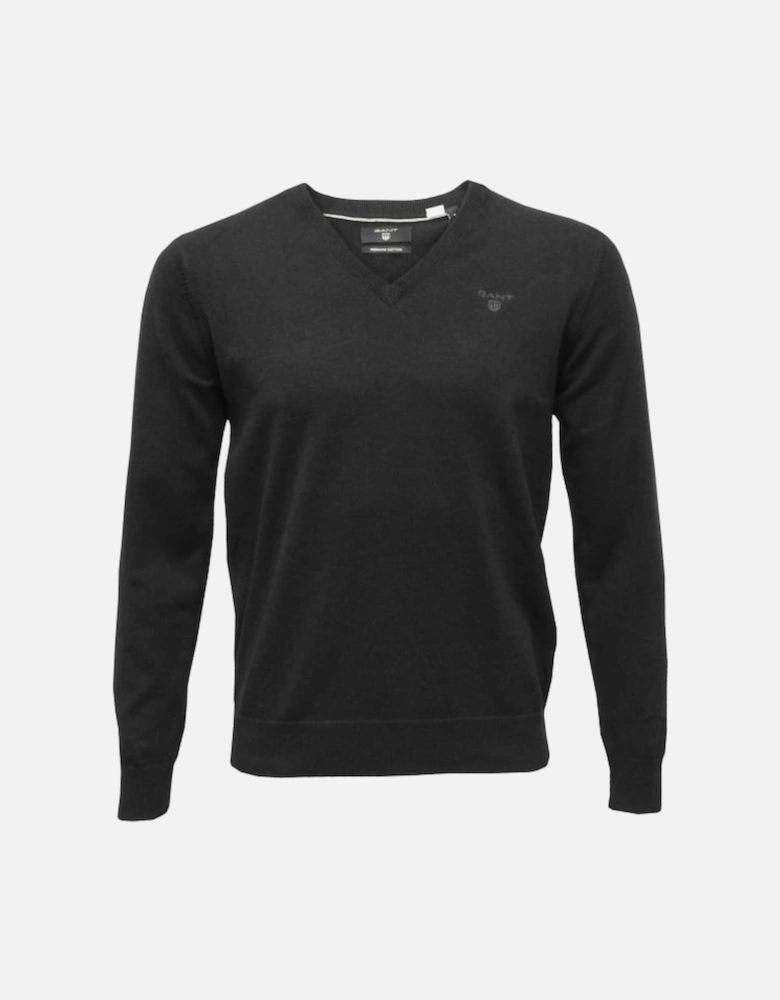 Lightweight Cotton V-Neck Sweater, Dark Charcoal Melange