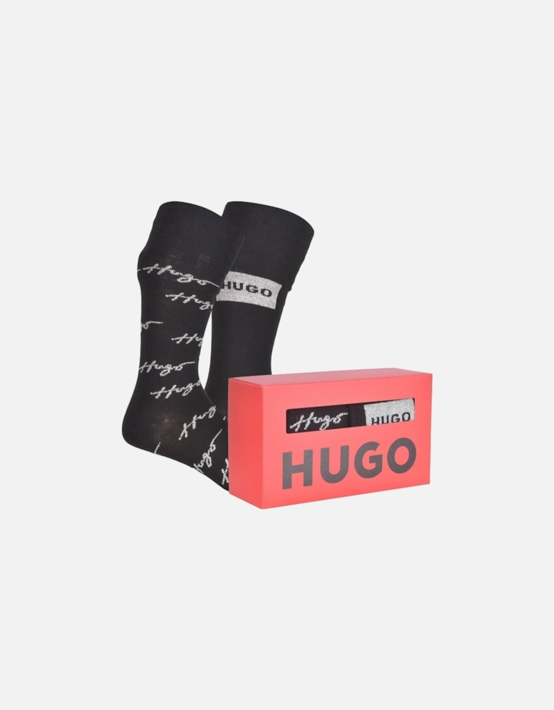 2-Pack Lurex Mixed Logo Socks Gift Set, Black/silver