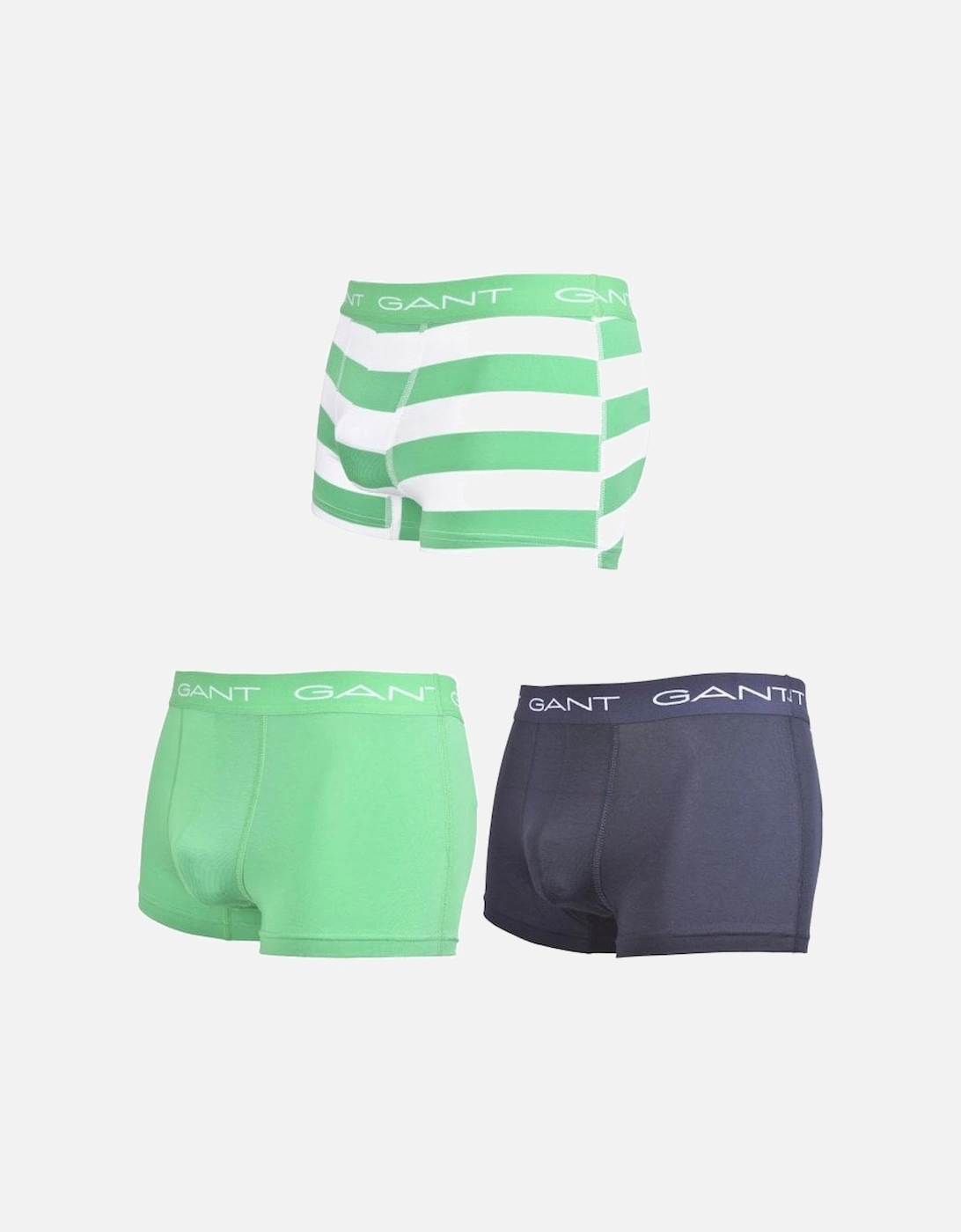 3-Pack Solid & Rugby Stripe Boxer Trunks, Green/navy