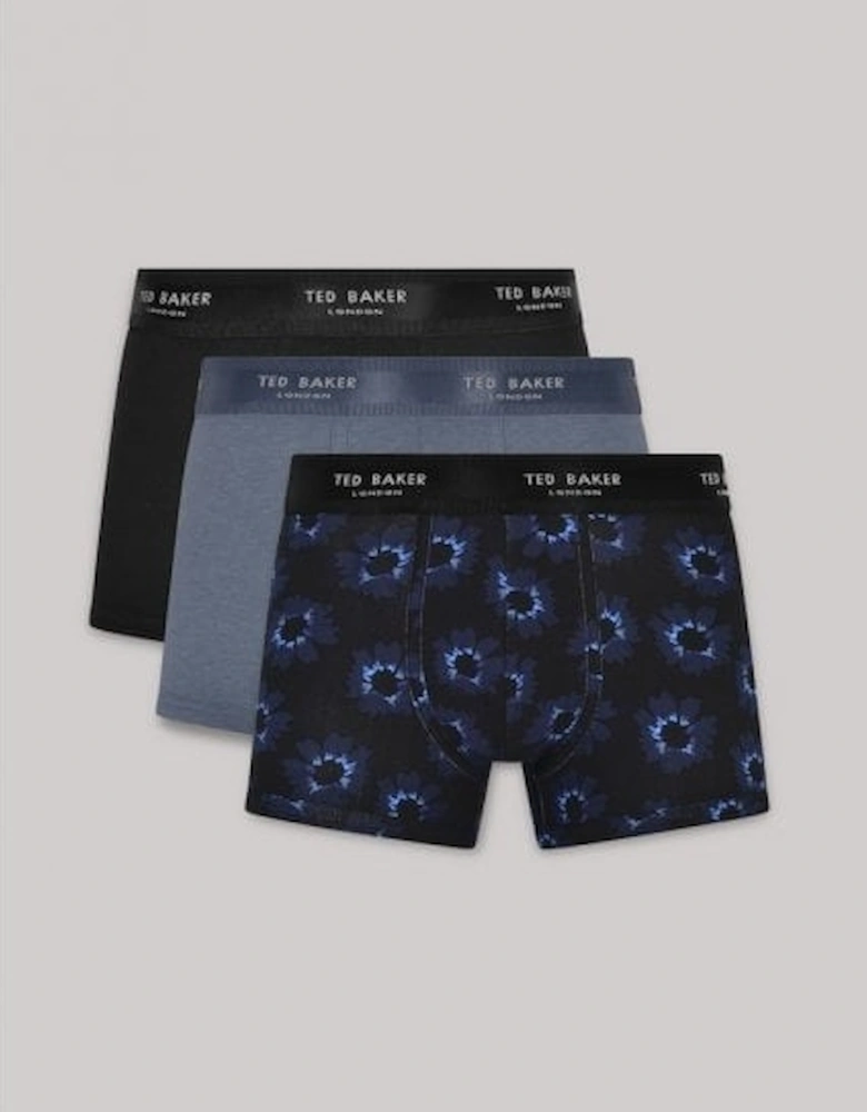 3-Pack Cotton Stretch Boxer Trunks, Black, Floral, Blue