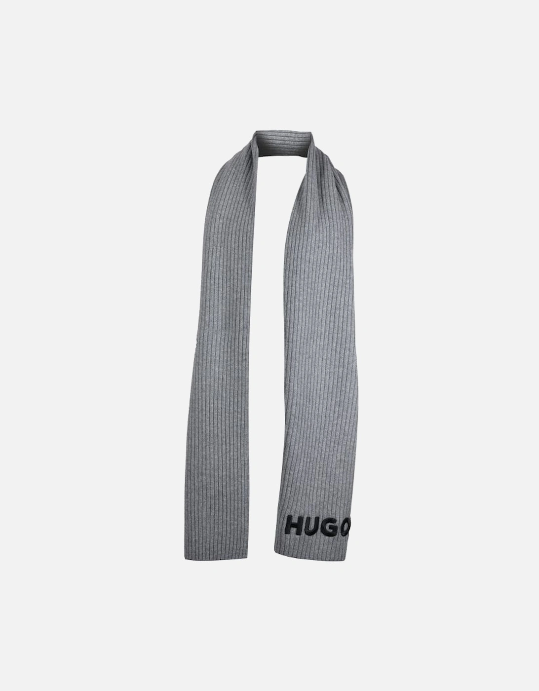 Zunio Ribbed Virgin Wool Embroidered Logo Scarf, Grey Melange