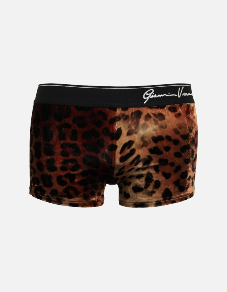 Crystals Logo Leopard Print Luxe Swim Trunks, Gold/Black