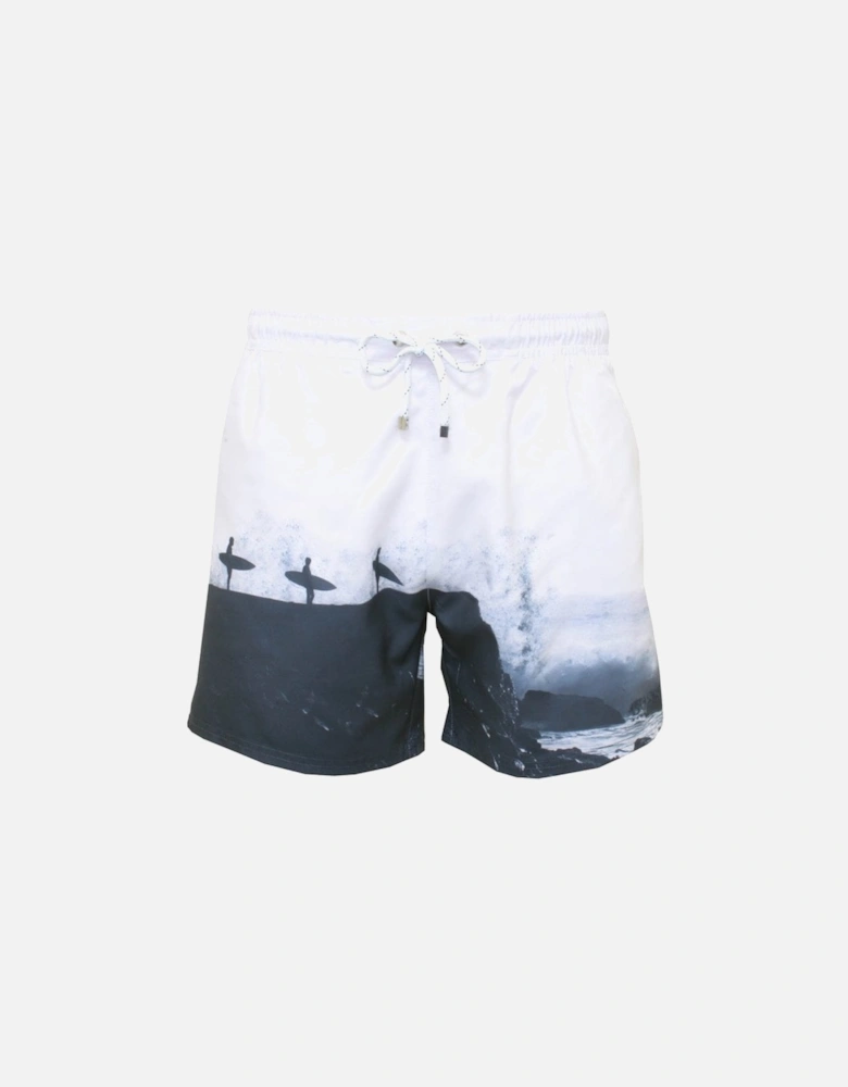 Surfing Print Swim Shorts, Grey/White