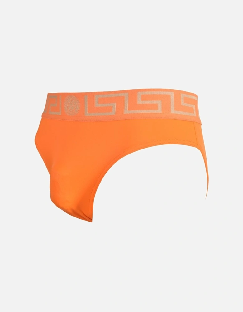 Iconic Greca Luxe Swim Briefs, Orange/gold