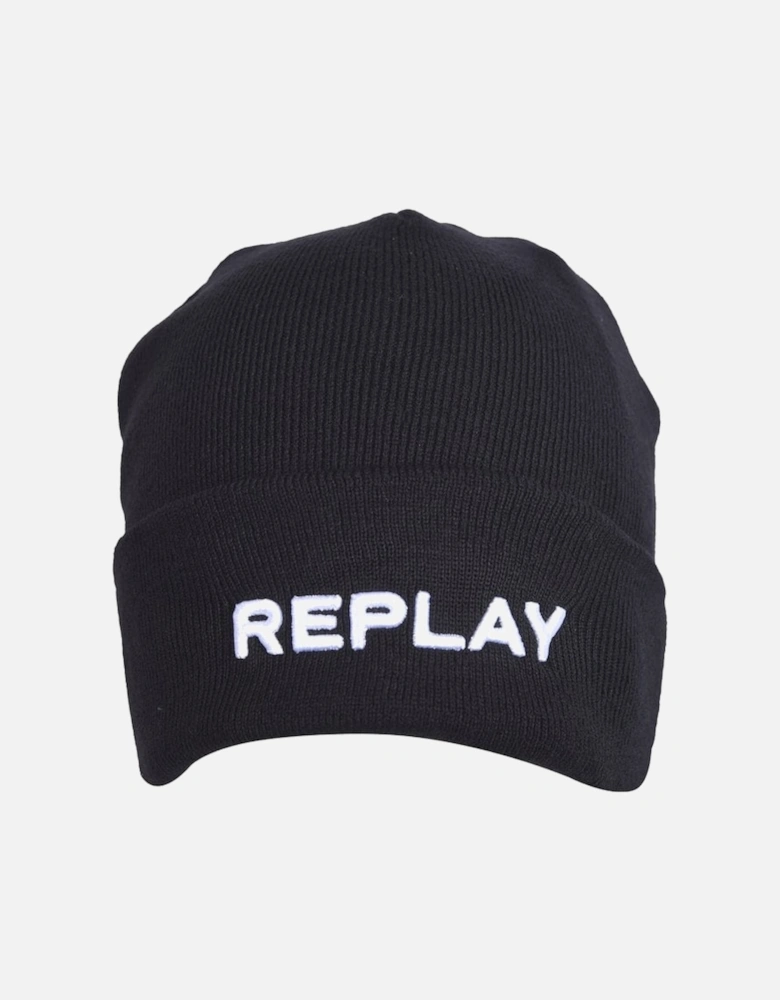 Embroidered Logo Beanie Hat, Black