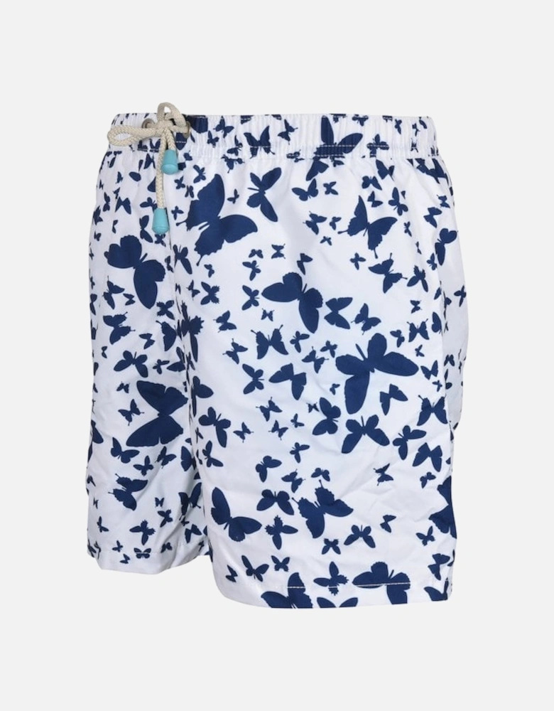 Butterfly Print Boys Swim Shorts, White/Navy