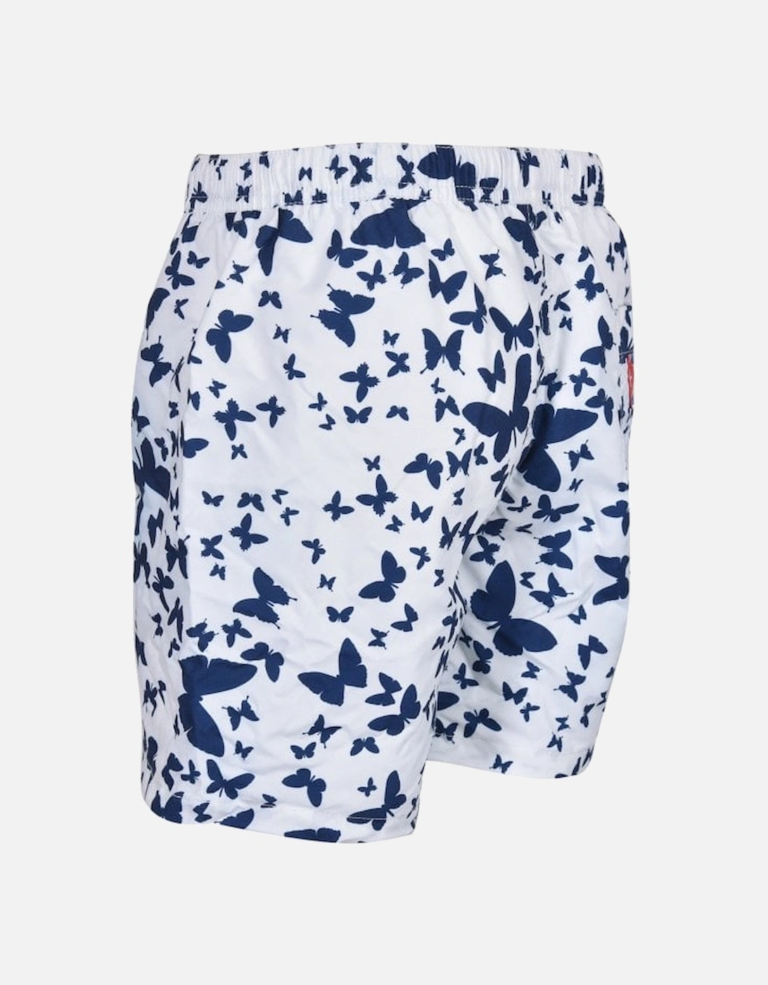 Butterfly Print Boys Swim Shorts, White/Navy