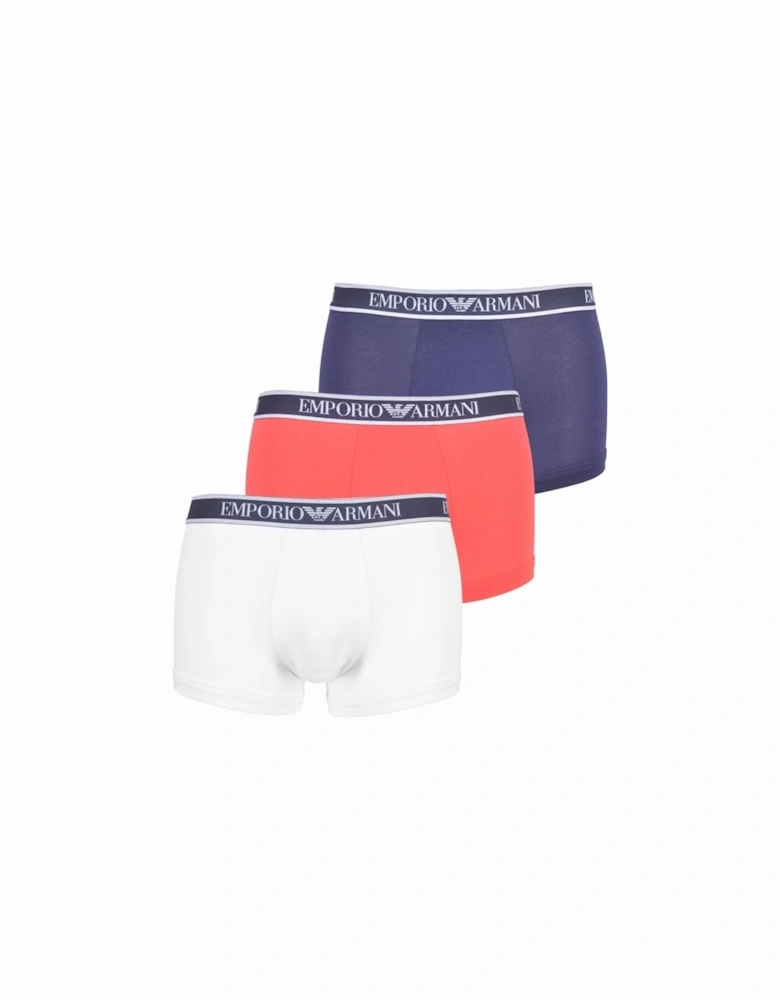 3-Pack Logoband Boxer Trunks, White/Red/Navy