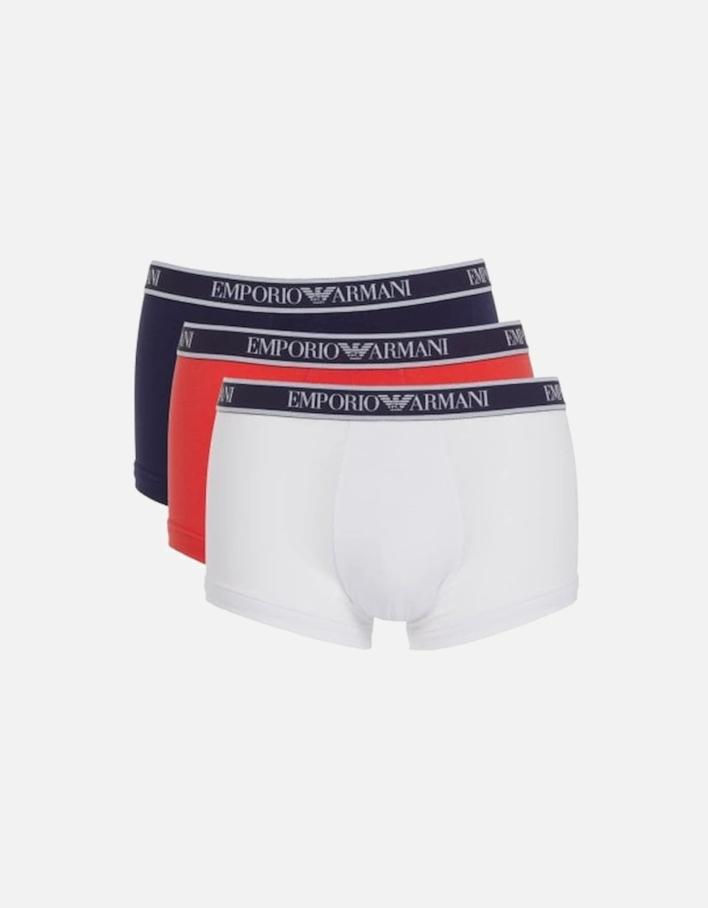 3-Pack Logoband Boxer Trunks, White/Red/Navy