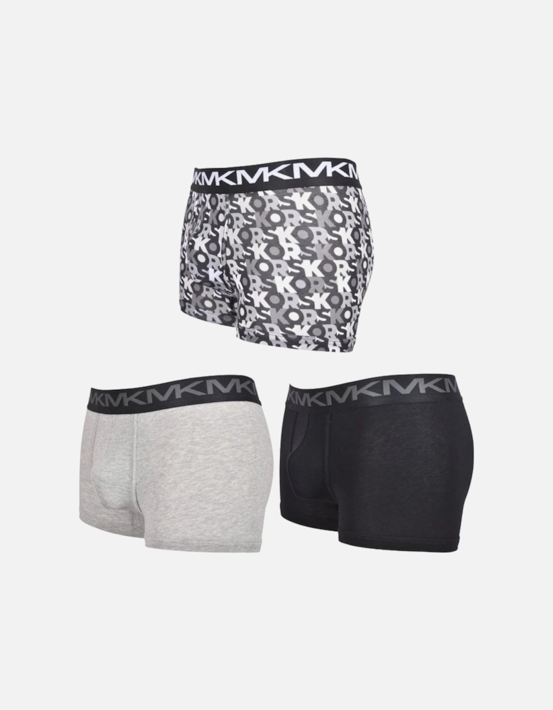 3-Pack AOP & Solid Boxer Trunks, Black/Grey