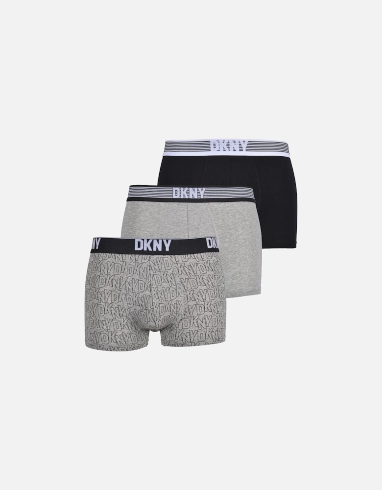 3-Pack AOP & Solid Boxer Trunks, Black/Grey