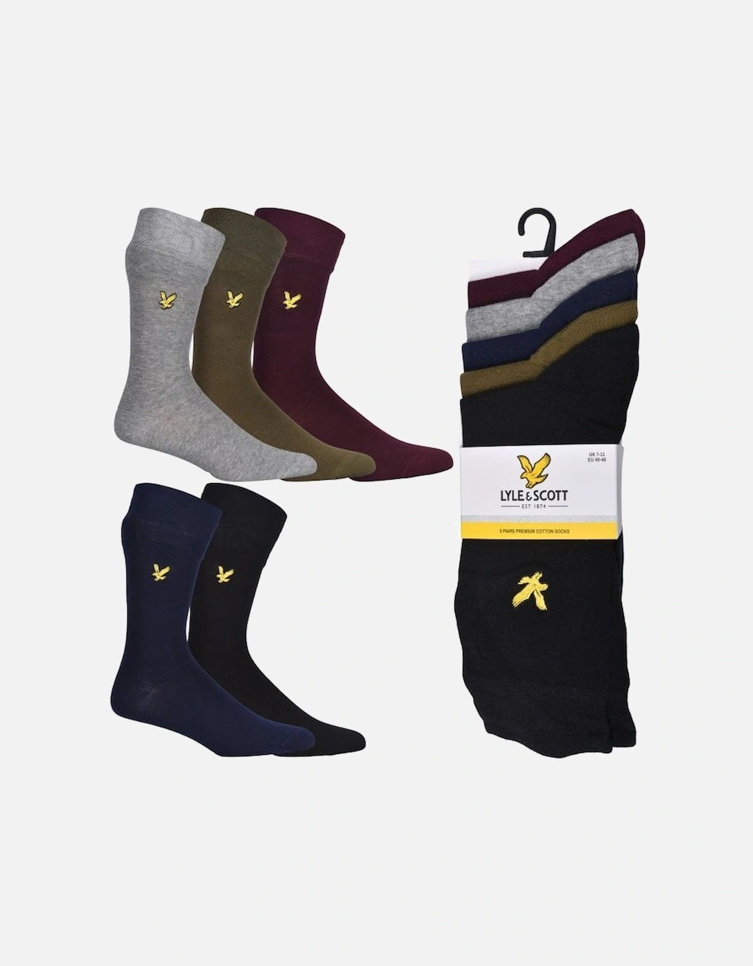 5-Pack Golden Eagle Logo Socks, Khaki/Black/Navy/Claret/Grey, 9 of 8
