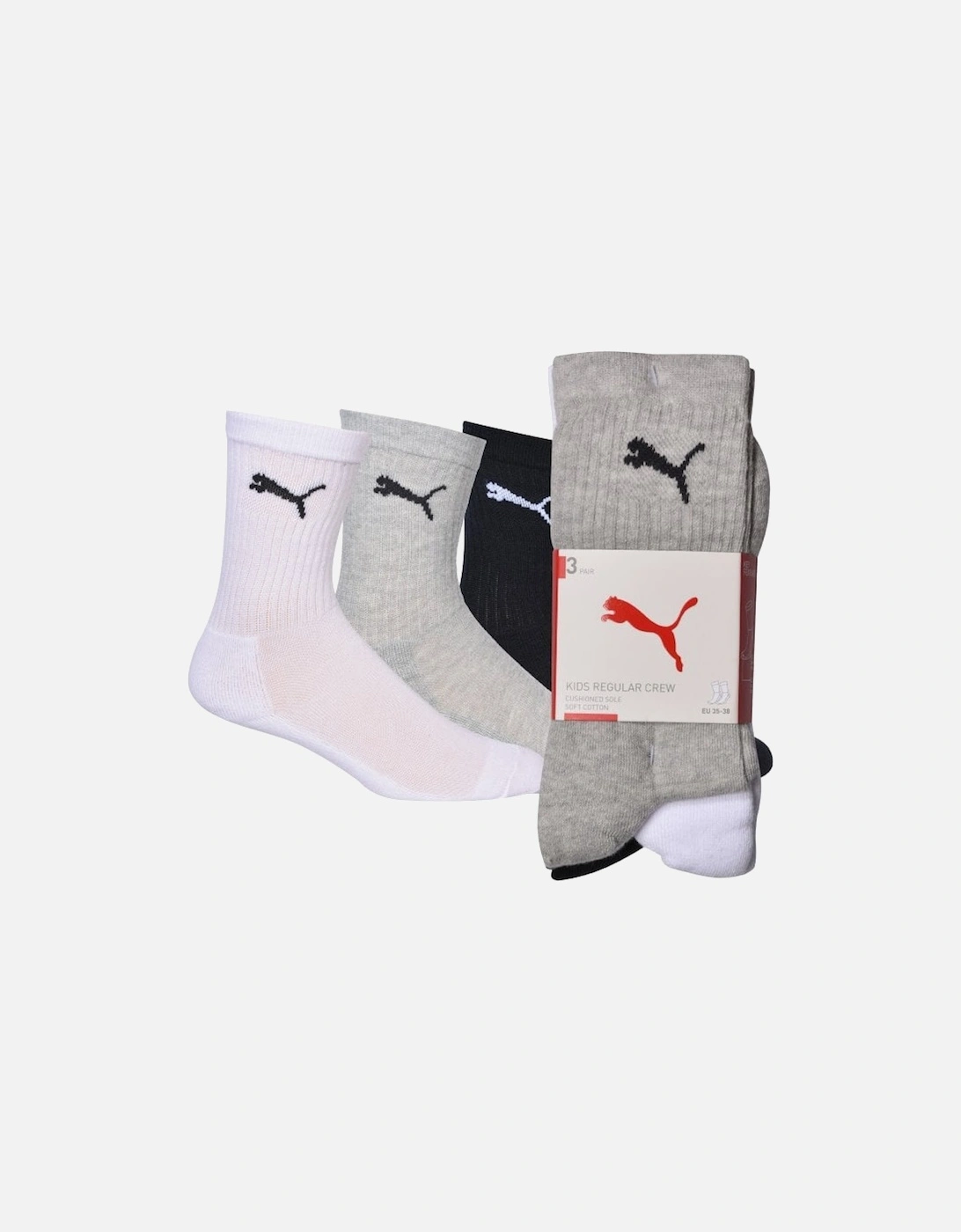 3-Pack Kids Sports Socks, Black/White/Grey