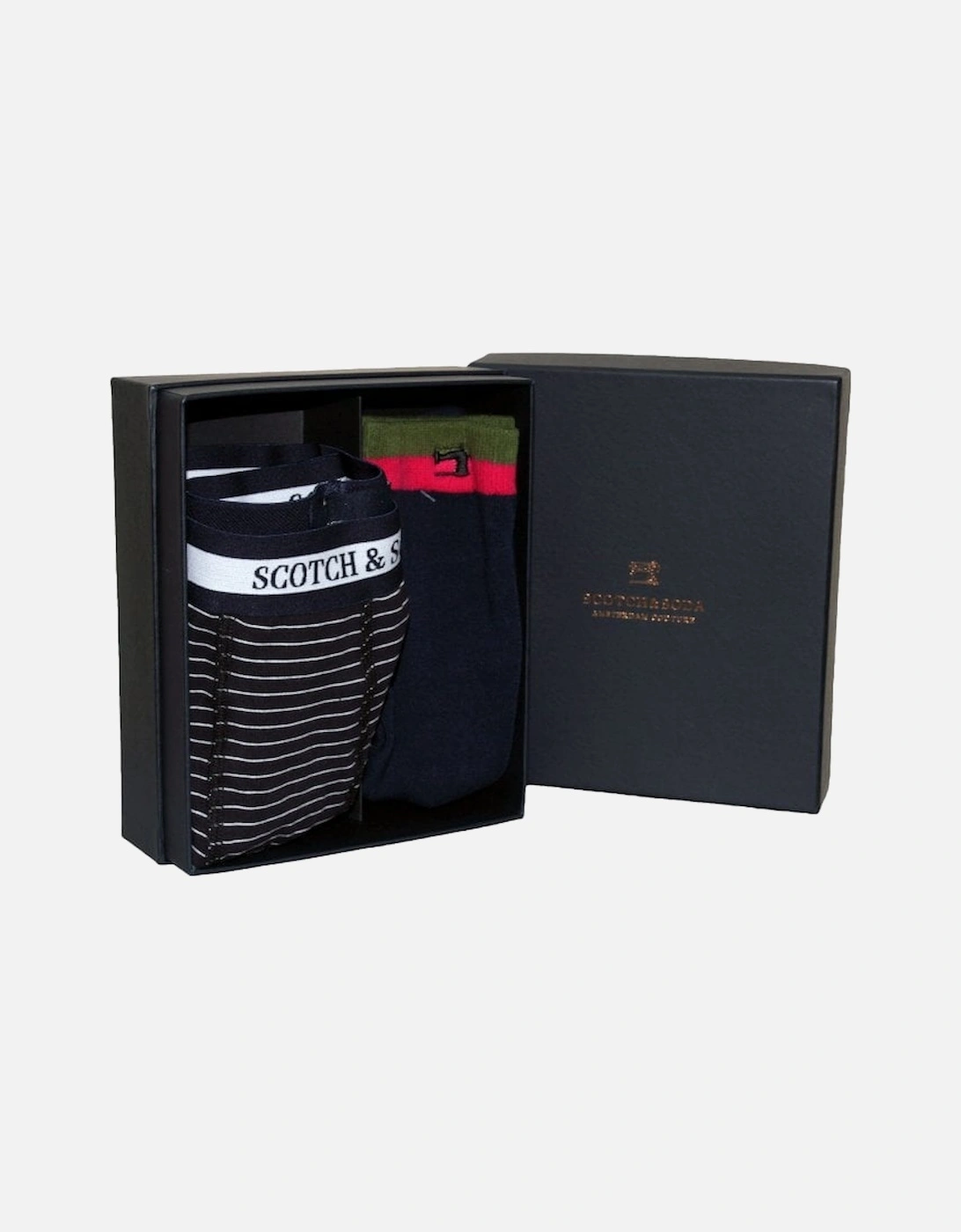 Luxury Gift Box Set with Striped Boxer Briefs and Jacquard Socks, Navy/Blue