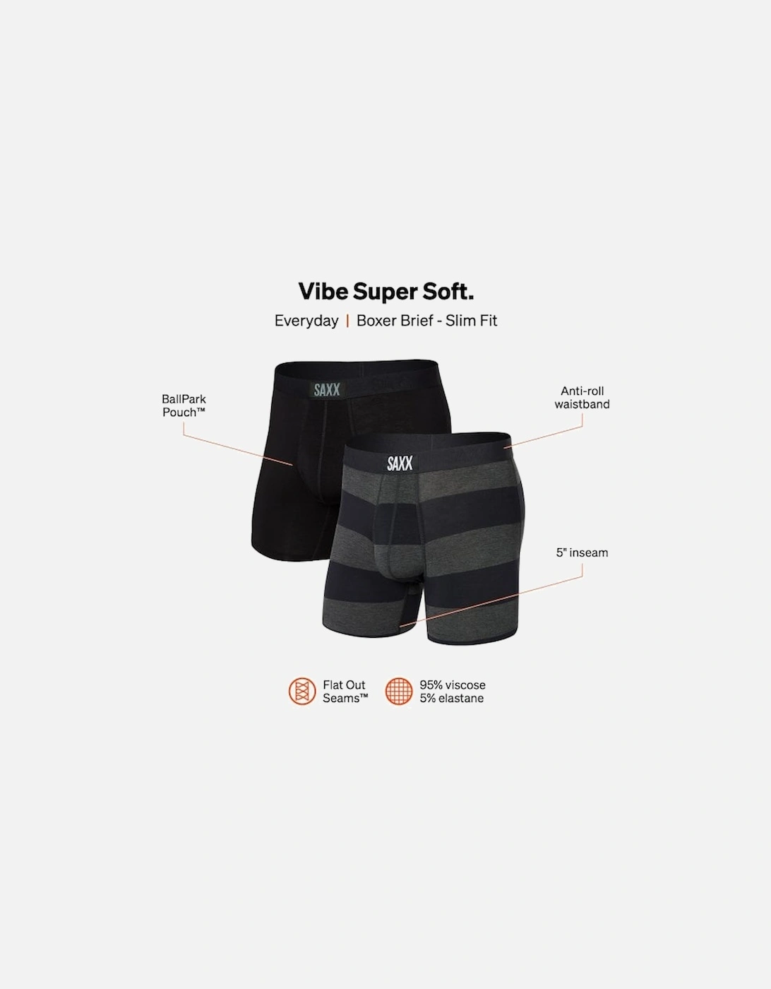 2-Pack Vibe Graphite Rugby Boxer Briefs, Grey/Black