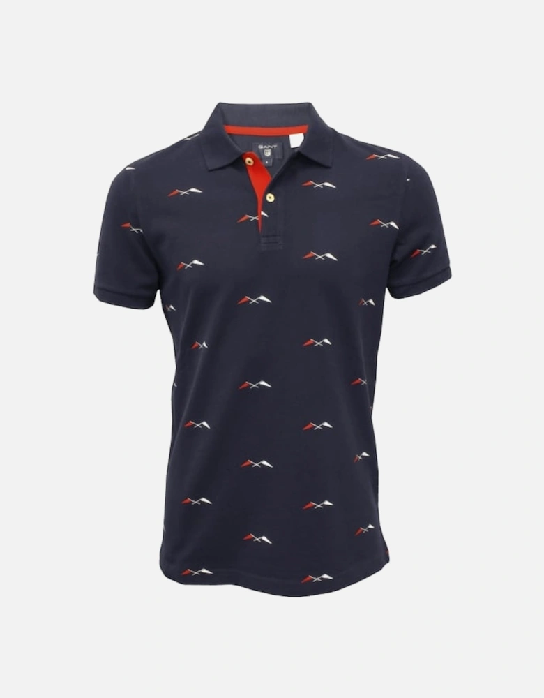 Allover Flags Print Polo Shirt, Navy