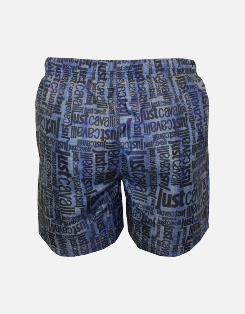 Jeans-effect Faded All Over Logo Print Swim Shorts, Blue