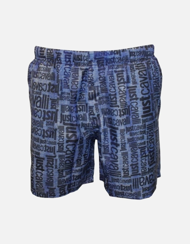 Jeans-effect Faded All Over Logo Print Swim Shorts, Blue