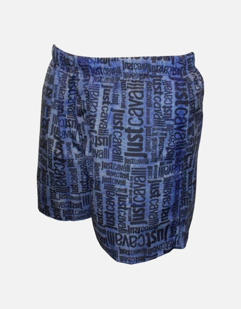 Jeans-effect Faded All Over Logo Print Swim Shorts, Blue