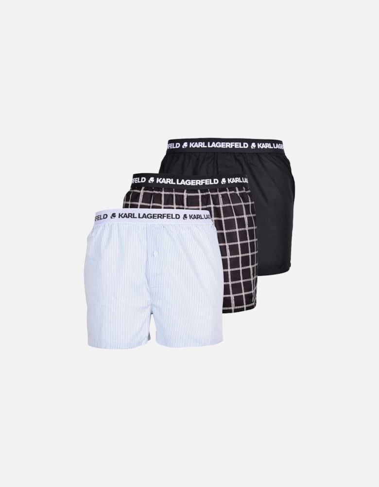 3-Pack Check/Stripe/Solid Boxer Shorts, Black/blue