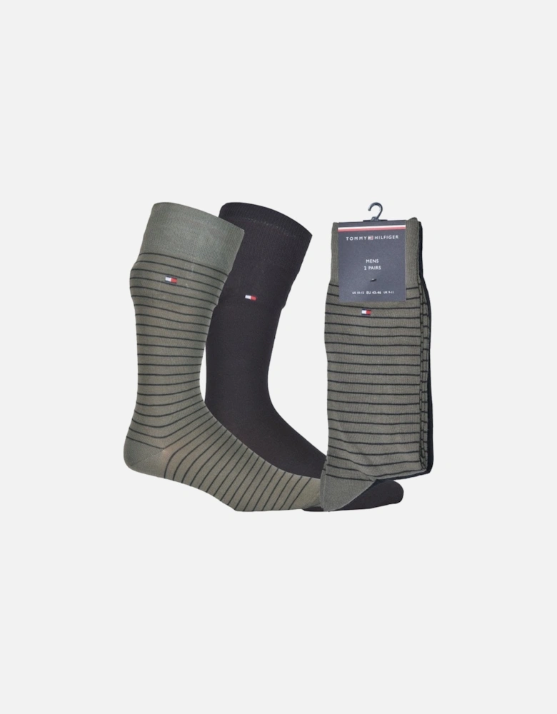 2-Pack Fine Stripe & Solid Socks, Black/Khaki