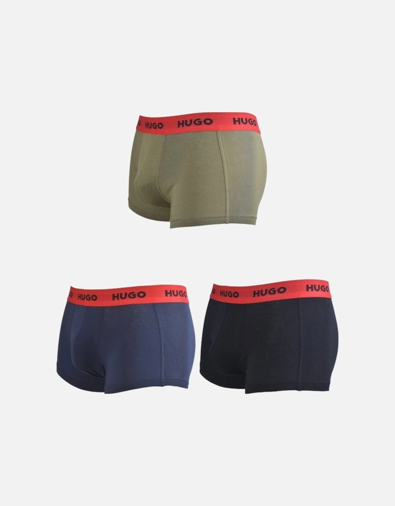 3-Pack Red Waistband Boxer Trunks, Navy/Khaki/Black