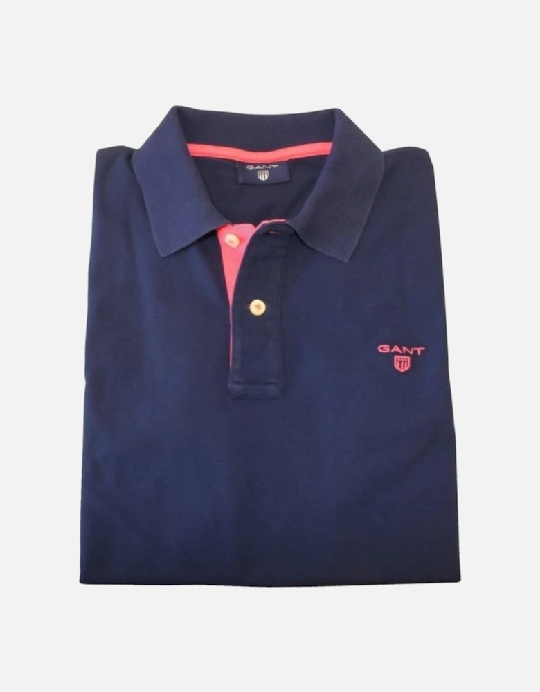 Contrast Collar Pique Rugger Polo Shirt, Navy/Pink