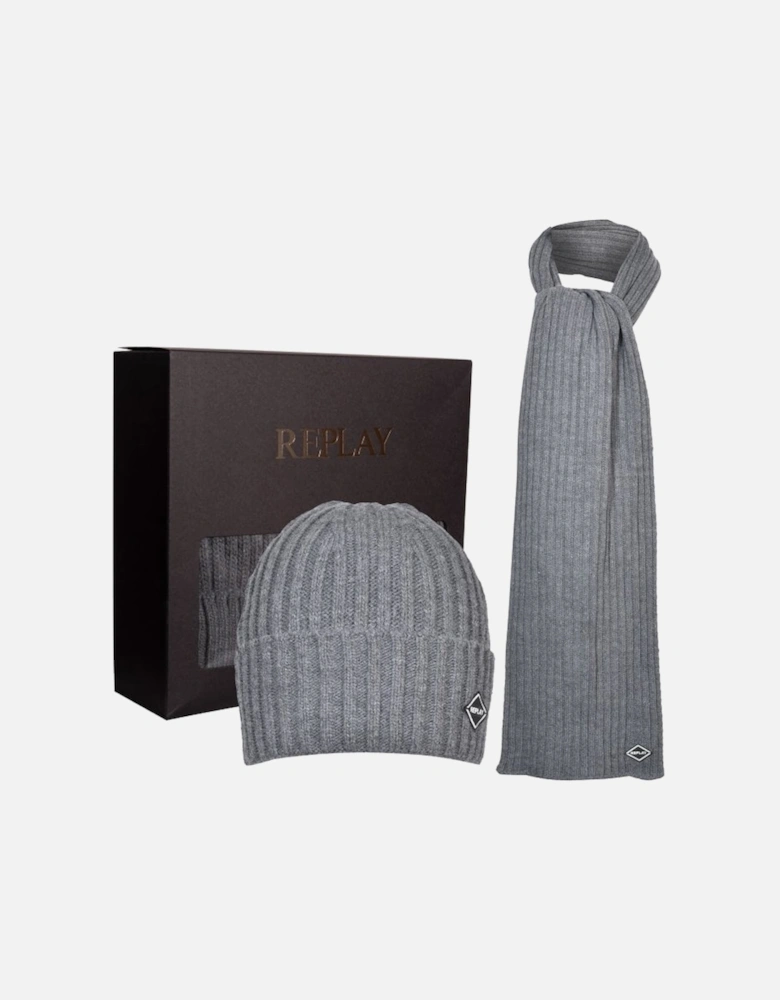 Ribbed Knit Hat & Scarf Gift Set, Grey Melange