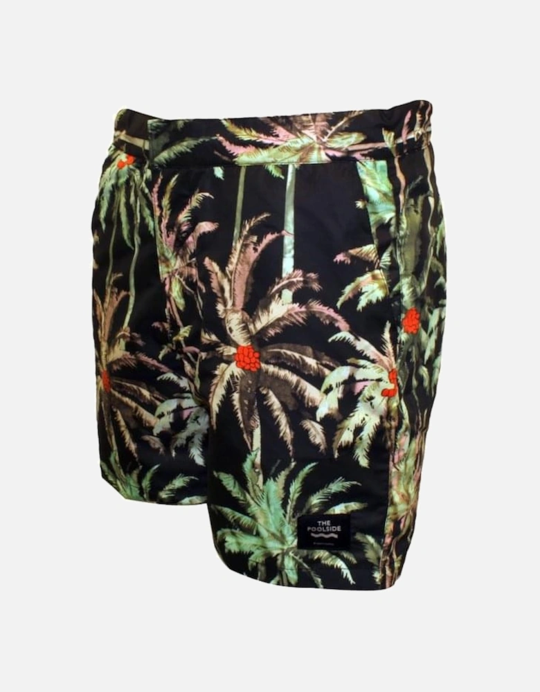 Allover Palm Print "Pool Side" Swim Shorts, Black/green