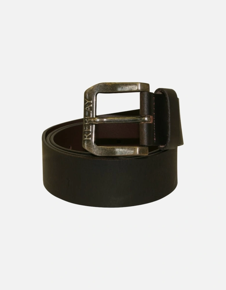 Embossed Buckle Leather Belt, Dark Brown