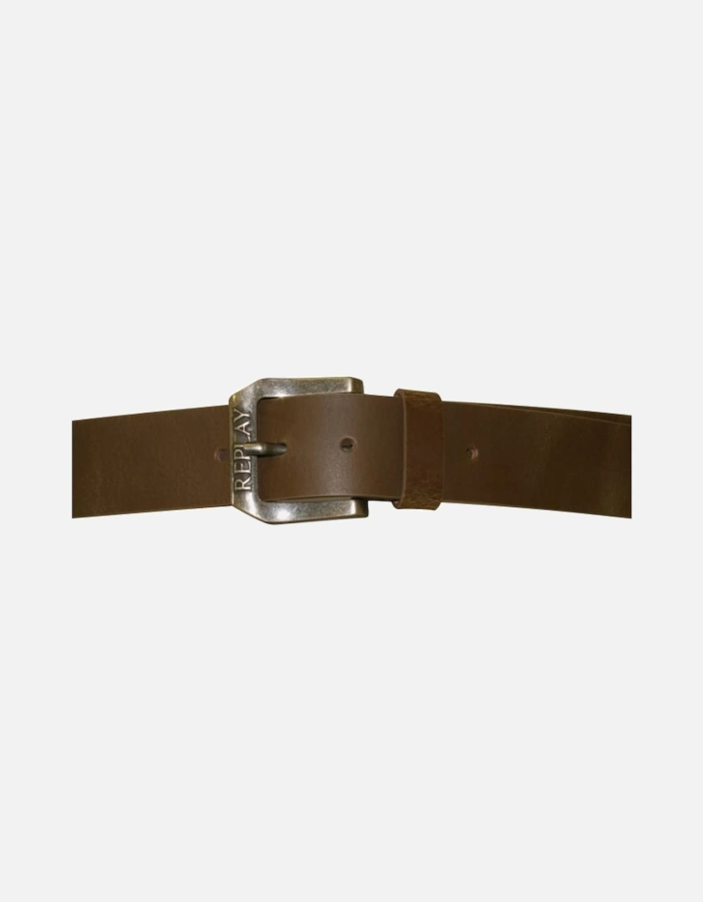 Embossed Buckle Leather Belt, Wood Brown