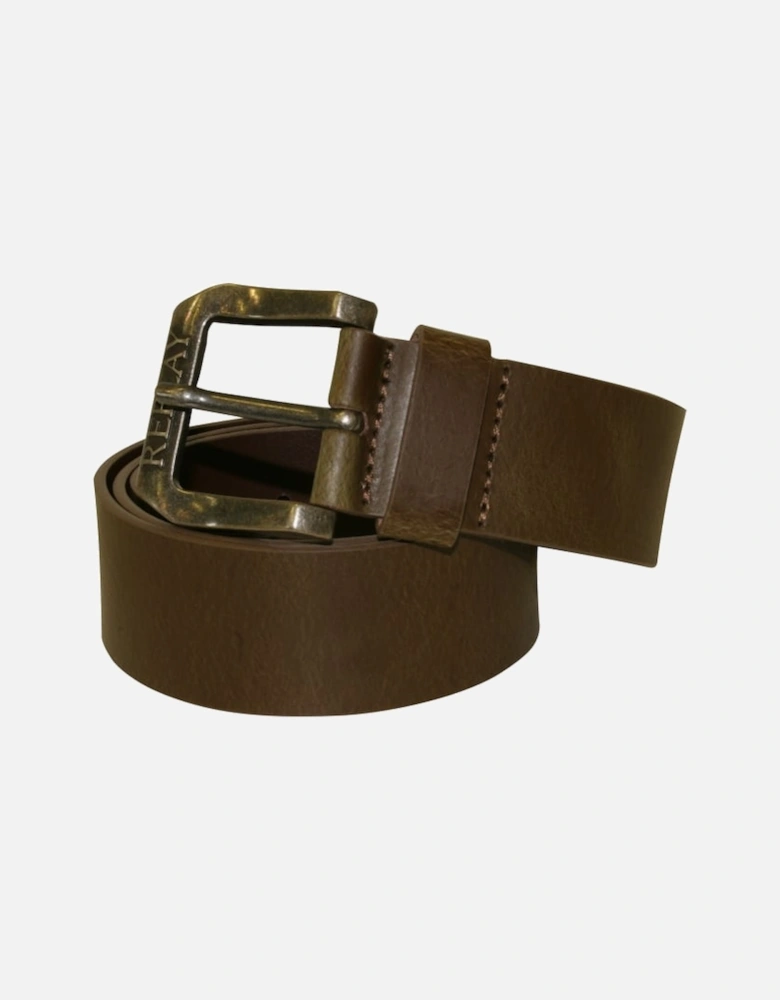 Embossed Buckle Leather Belt, Wood Brown