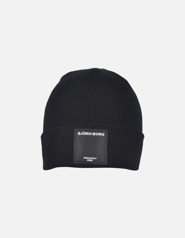 Organic Cotton Logo Patch Beanie Hat, Black