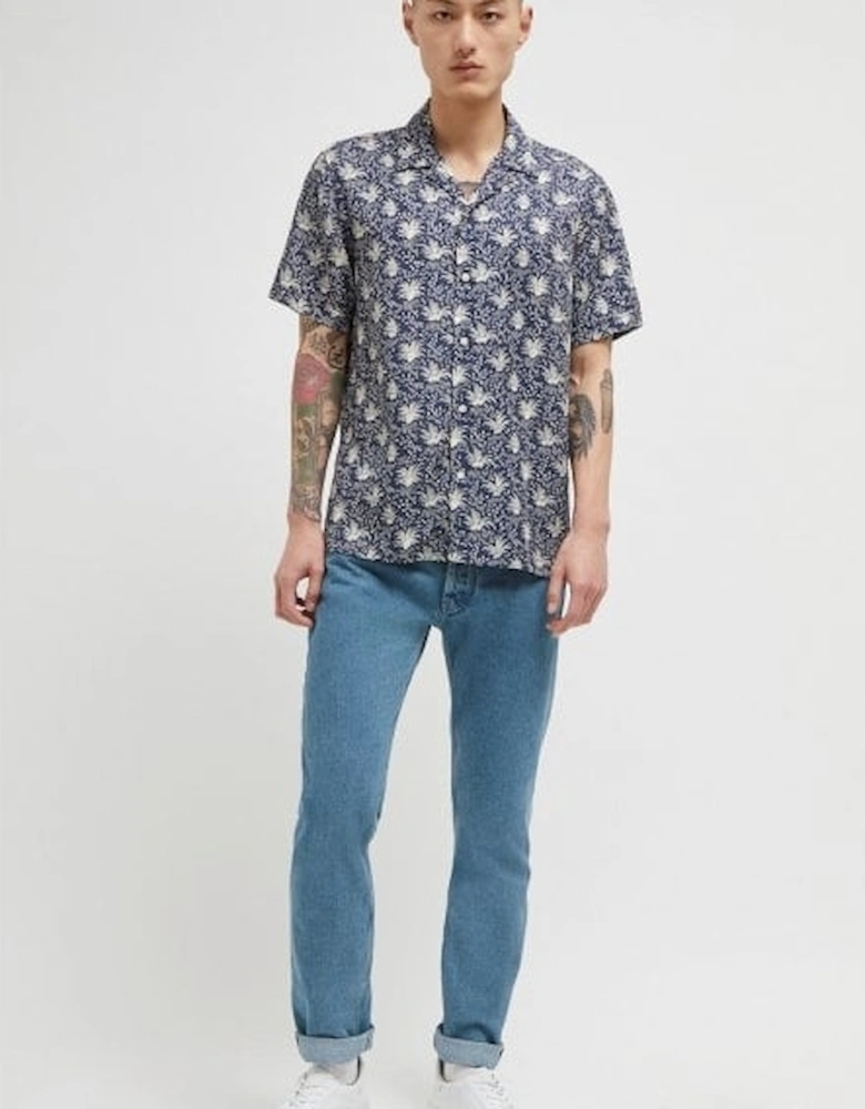 Palm Print Lyocell Short-Sleeve Shirt, Indigo