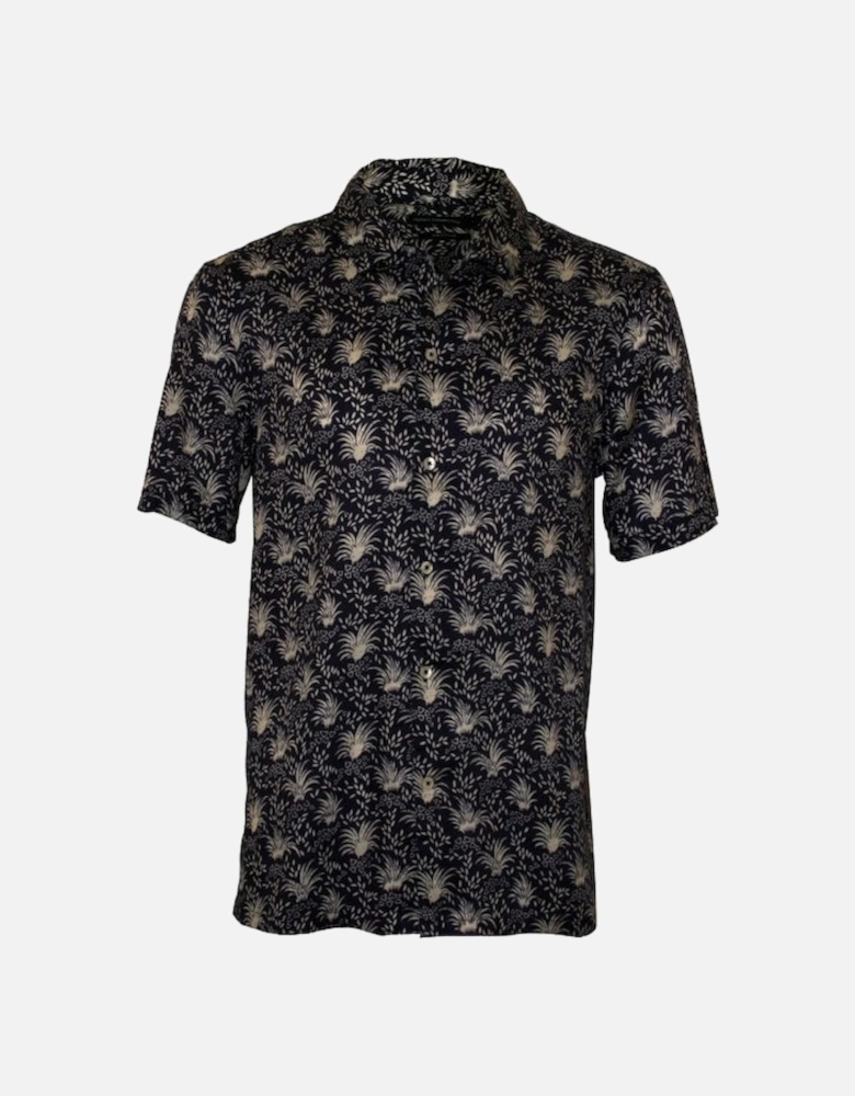 Palm Print Lyocell Short-Sleeve Shirt, Indigo