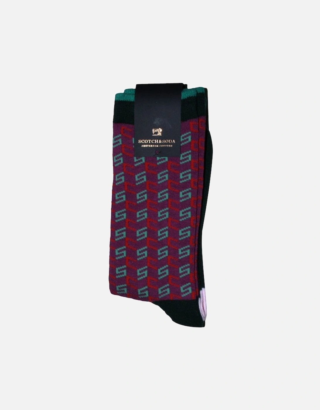 2-Pack Jacquard Pattern & Colour Block Stripe Socks, Purple/Green