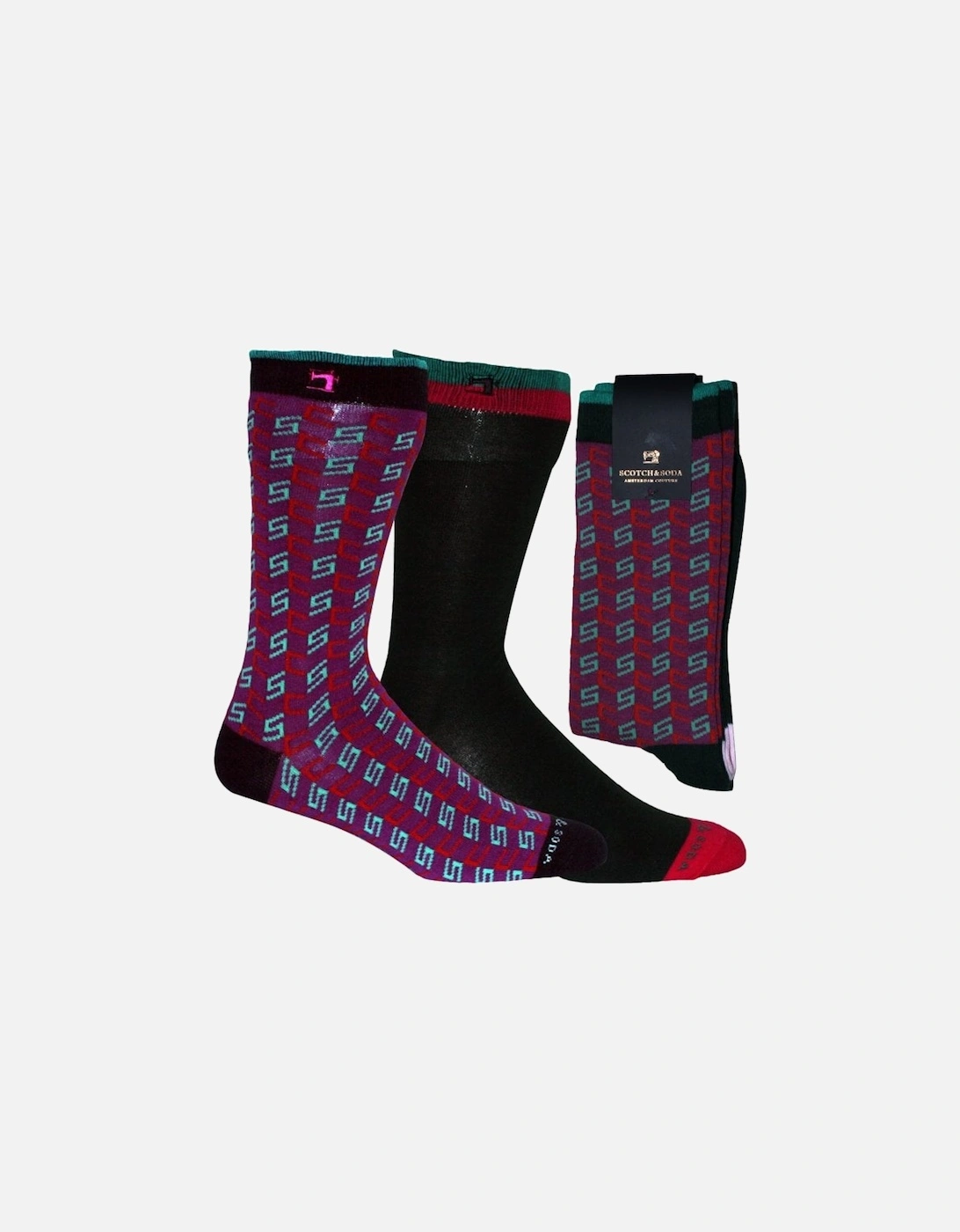 2-Pack Jacquard Pattern & Colour Block Stripe Socks, Purple/Green, 6 of 5