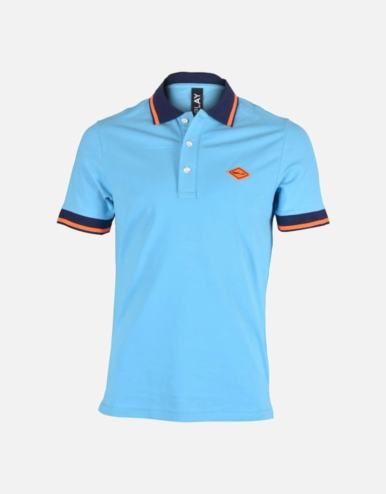 Contrast Collar Stretch Pique Polo Shirt, Azure Blue