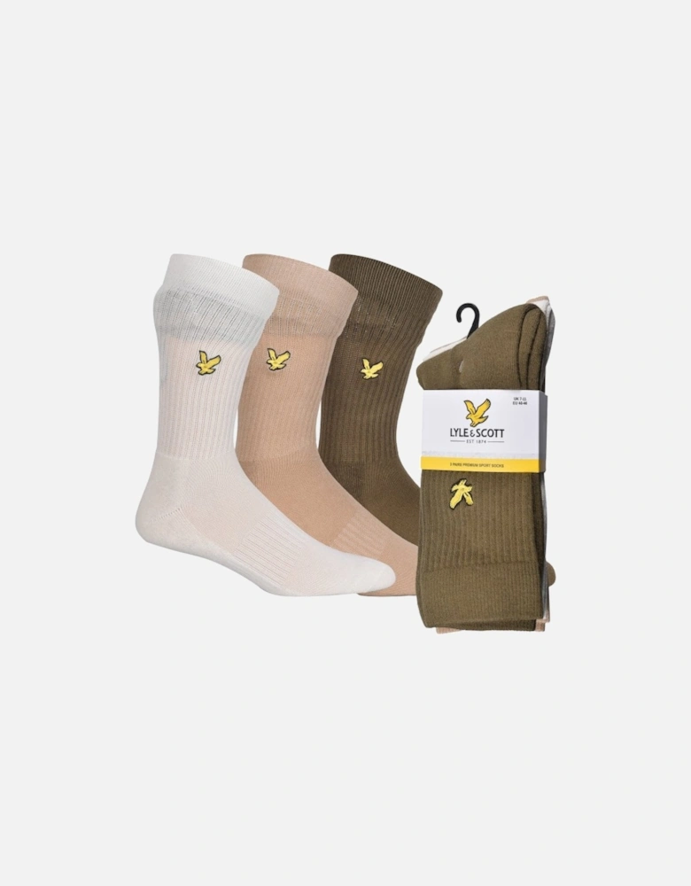 3-Pack Golden Eagle Logo Sports Socks, Olive/Cream/Beige