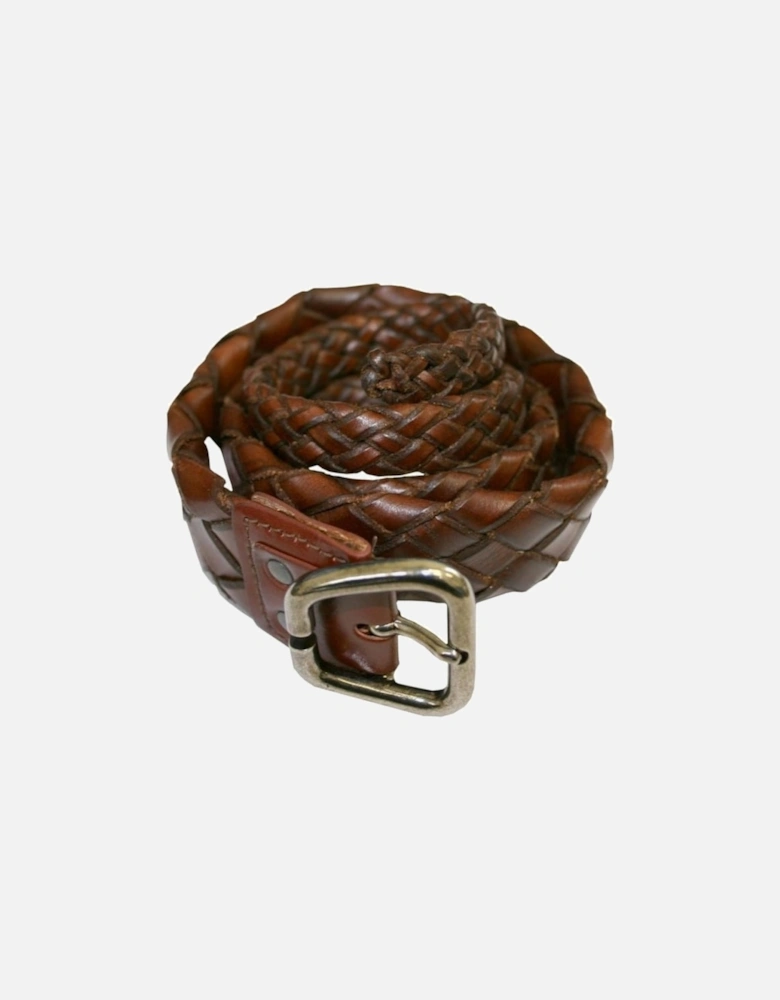 Narrow Rats Tail Woven Leather Belt, Brown