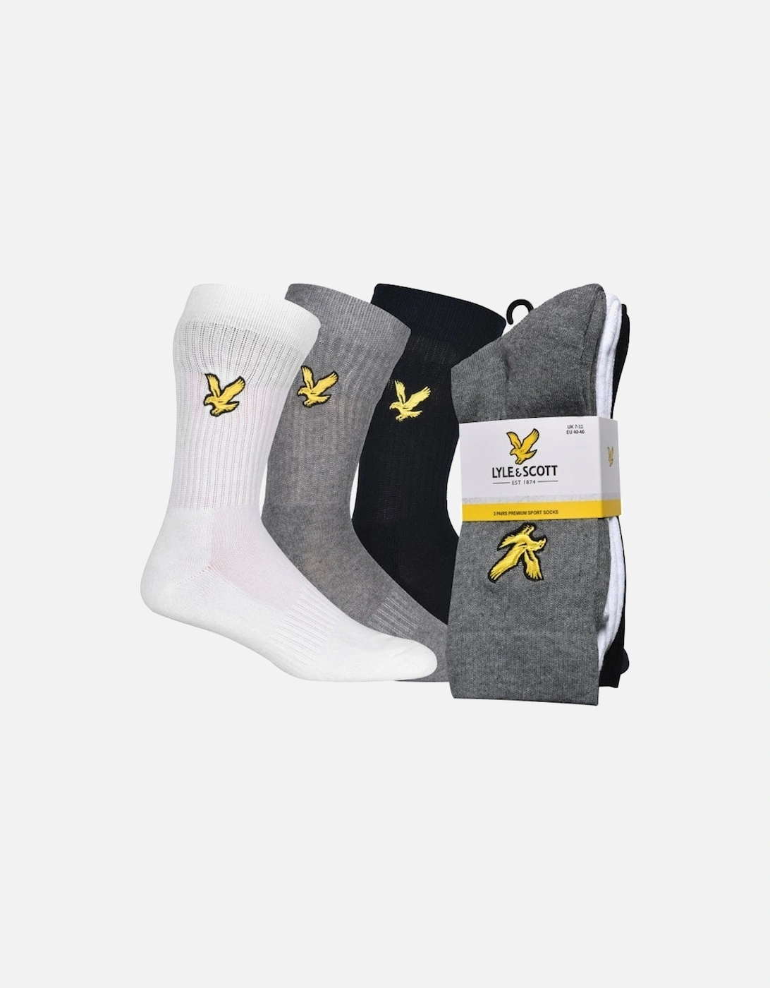3-Pack Big Eagle Logo Sports Socks, Black/White/Grey, 7 of 6