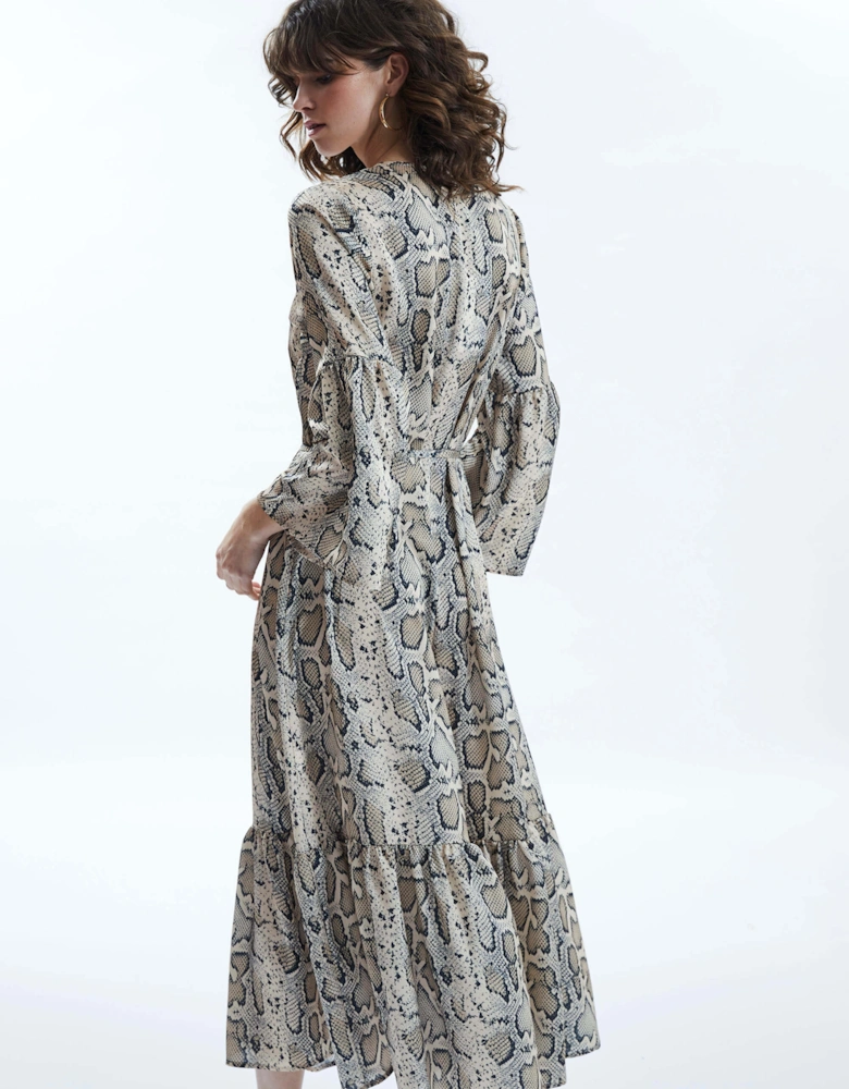 Python Print Belted Dress Beige
