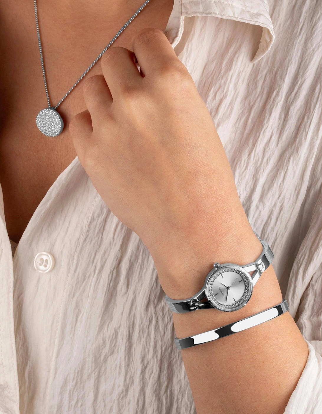 Gift Set Womens 24mm Analogue Watch with Stone Set Silver Dial, Silver Alloy Semi-Bangle Bracelet, Matching Stone Set Pendant and Bangle