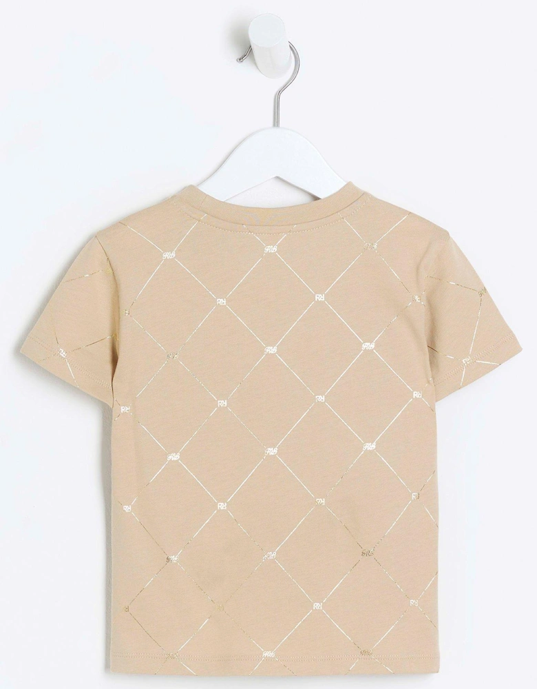 Mini Boys Foil Monogram T-Shirt - Beige