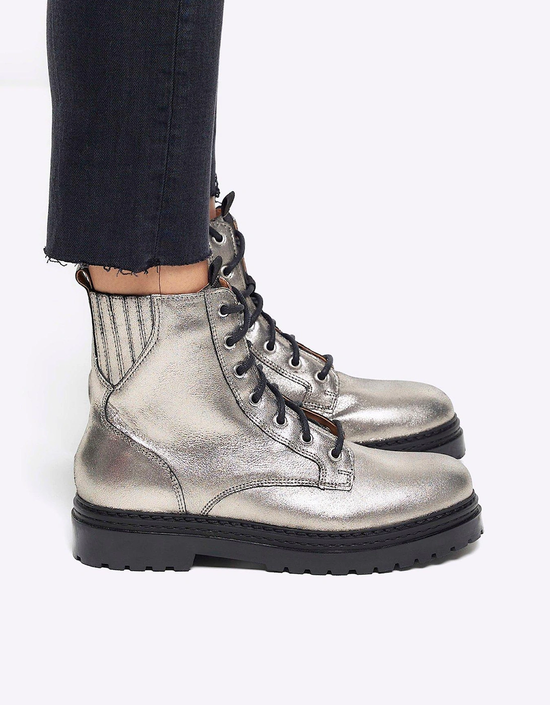 Elastic Lace Up Boot - Silver