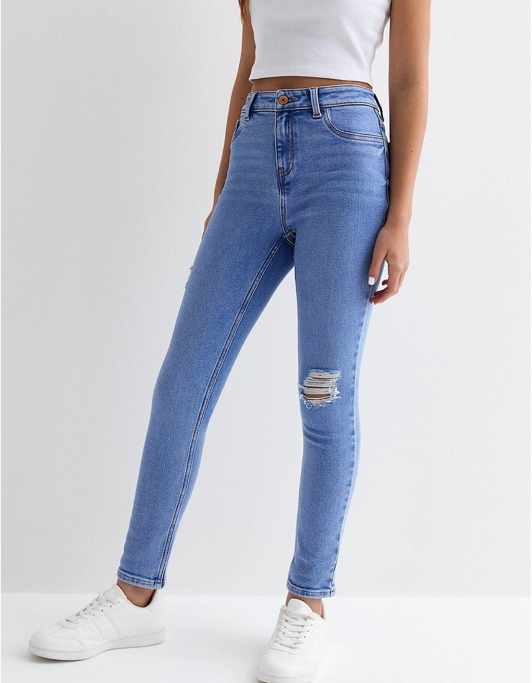 Girls Pale Blue High Waist Ripped Knee Hallie Skinny Jeans, 6 of 5