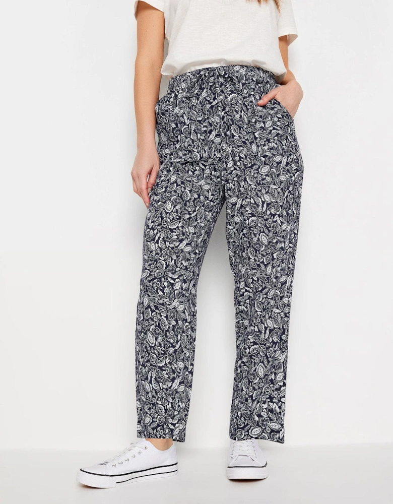 Petite Navy And Ivory Leaf Print Trouser